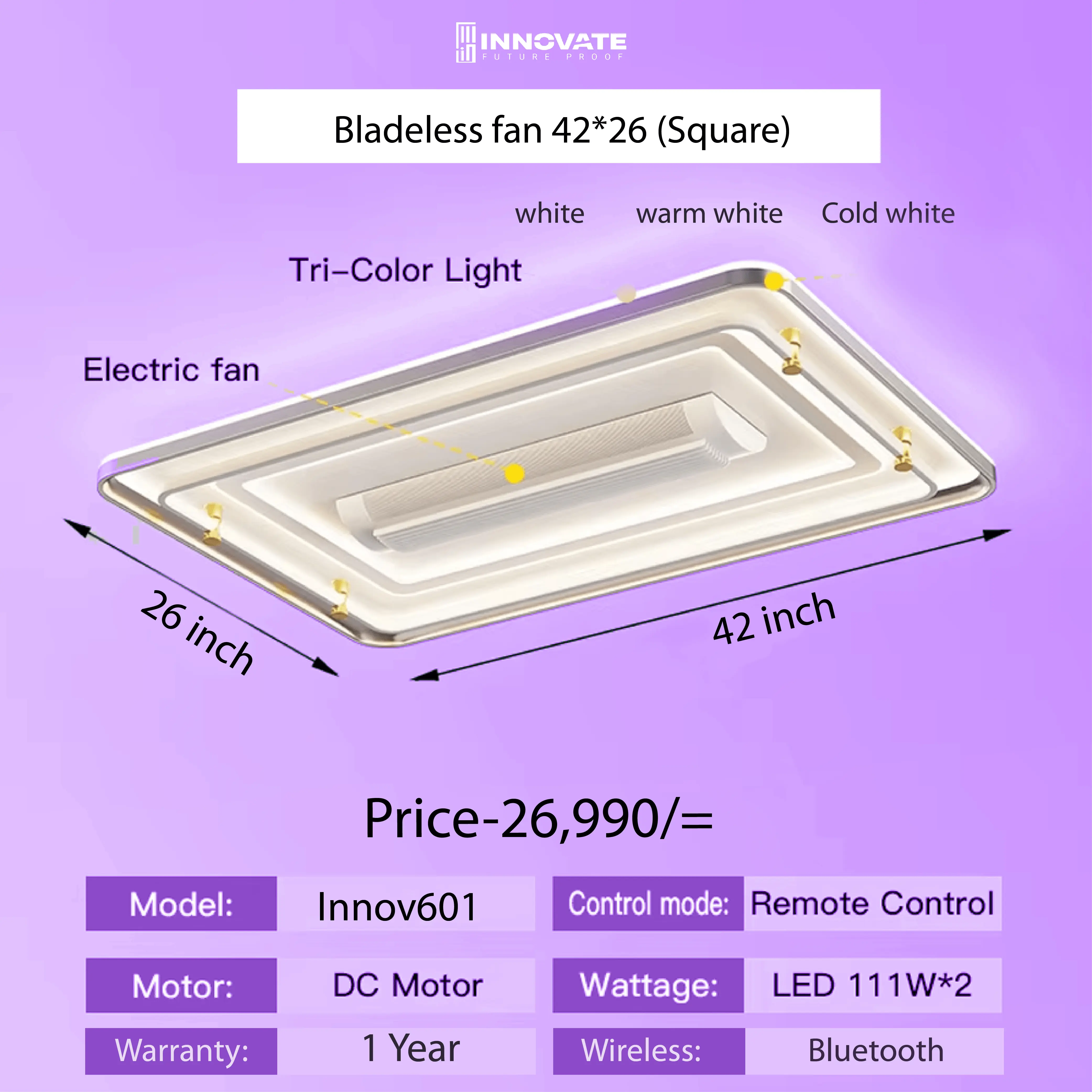 RTR Bladeless Ceiling Fan With Led Light Hotel Living Room Bedroom Remote Control Dc Modern Square_code: innov60142