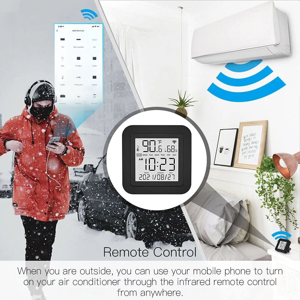 Smart Temperature Humidity Monitor with IR Remote Control, Tuya WiFi Temperature Humidity Sensor with LCD Display for Home_Code: IUR
