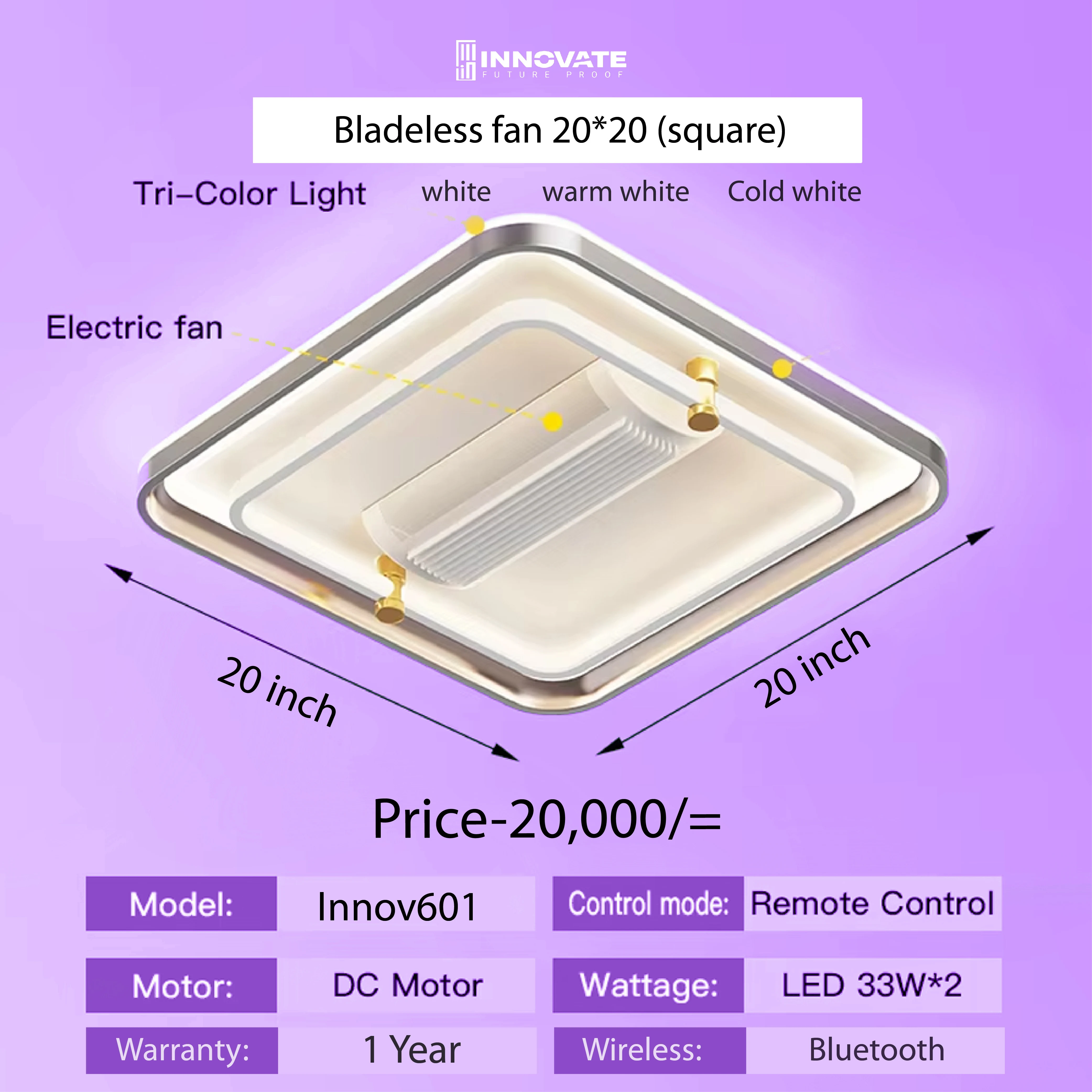 Bladeless Ceiling Fan with Light and Remote, 6 Speed Dimmable Flush Mount Ceiling Fan with Lights for Kids Room, Bedroom or Home Office (20 Inch Square)_Code: innov601R