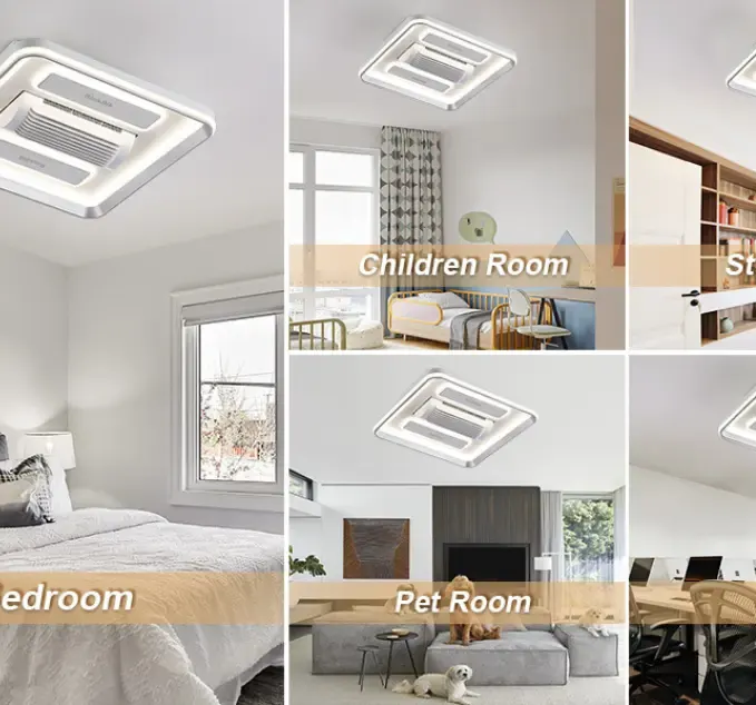 Bladeless Ceiling Fan with Light and Remote, 6 Speed Dimmable Flush Mount Ceiling Fan with Lights for Kids Room, Bedroom or Home Office (20 Inch Square)_Code: innov601R