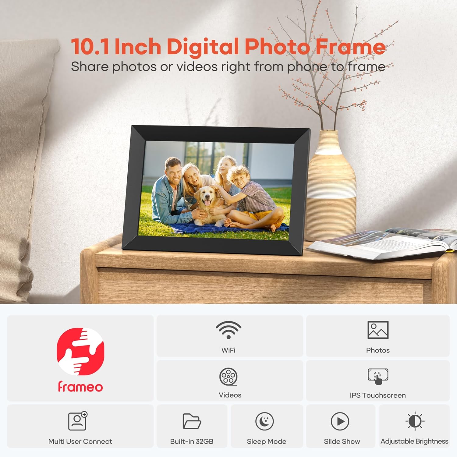 Frameo 10.1 Inch WiFi Digital Picture Frame, 1280x800 HD IPS Touch Screen Photo Frame Electronic, 32GB Memory