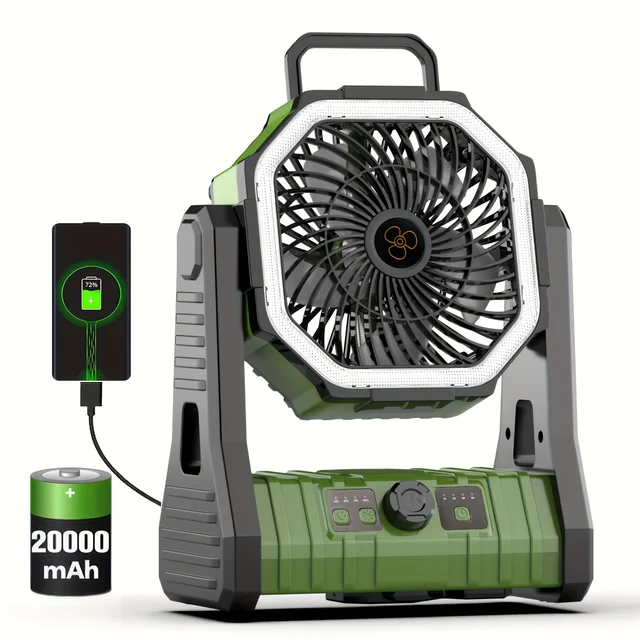 Portable Rechargeable Camping Fan with LED light 20000mAh Auto-Oscillating Battery Operated Desk Fan with Remote & Hook, 8” Portable Fan for Picnic