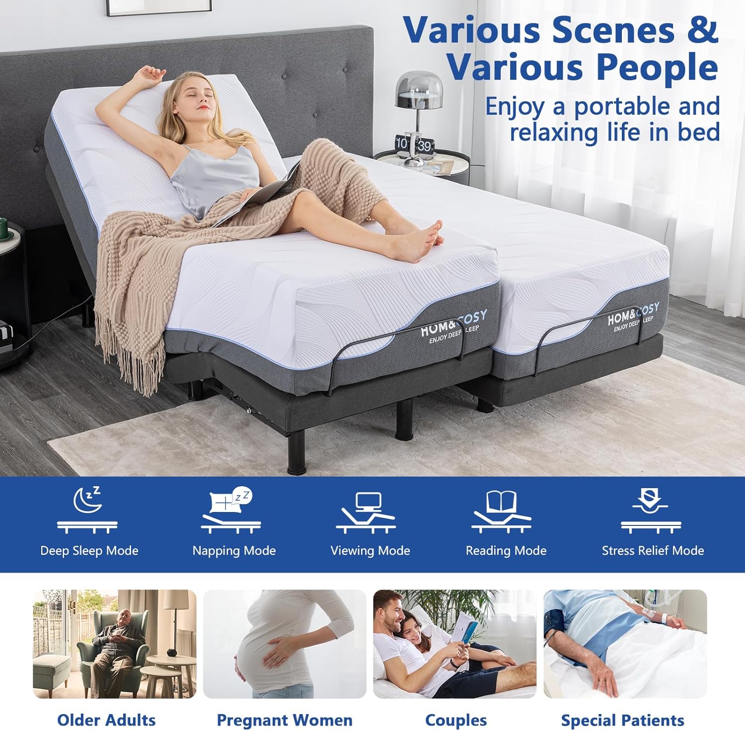 Smart Electric Bed Frame Twin XL Adjustable Beds with Thickened Foam Frame, Adjustable Bed Base with Wireless Remote, Separate Head/Foot Lift, Easy Assembly, Sturdy Metal,