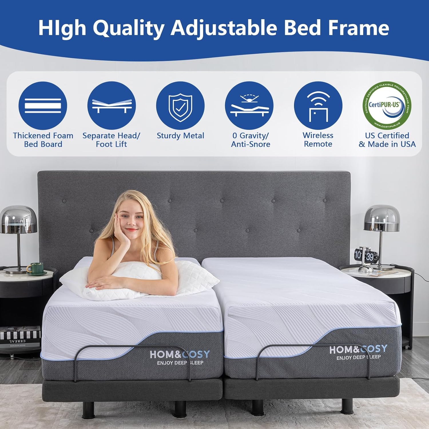 Smart Electric Bed Frame Twin XL Adjustable Beds with Thickened Foam Frame, Adjustable Bed Base with Wireless Remote, Separate Head/Foot Lift, Easy Assembly, Sturdy Metal,