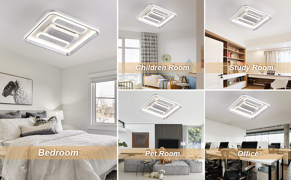 Bladeless Ceiling Fan with Light and Remote, 6 Speed Dimmable Flush Mount Ceiling Fan with Lights for Kids Room, Bedroom or Home Office (20 Inch Square)_Code: innov601R