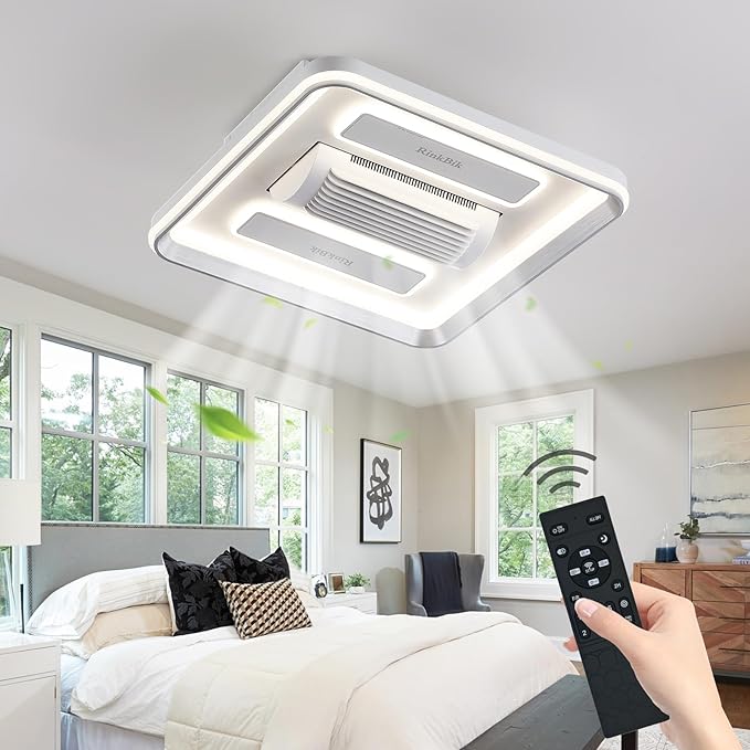 Bladeless Ceiling Fan with Light and Remote, 6 Speed Dimmable Flush Mount Ceiling Fan with Lights for Kids Room, Bedroom or Home Office (20 Inch Square)
