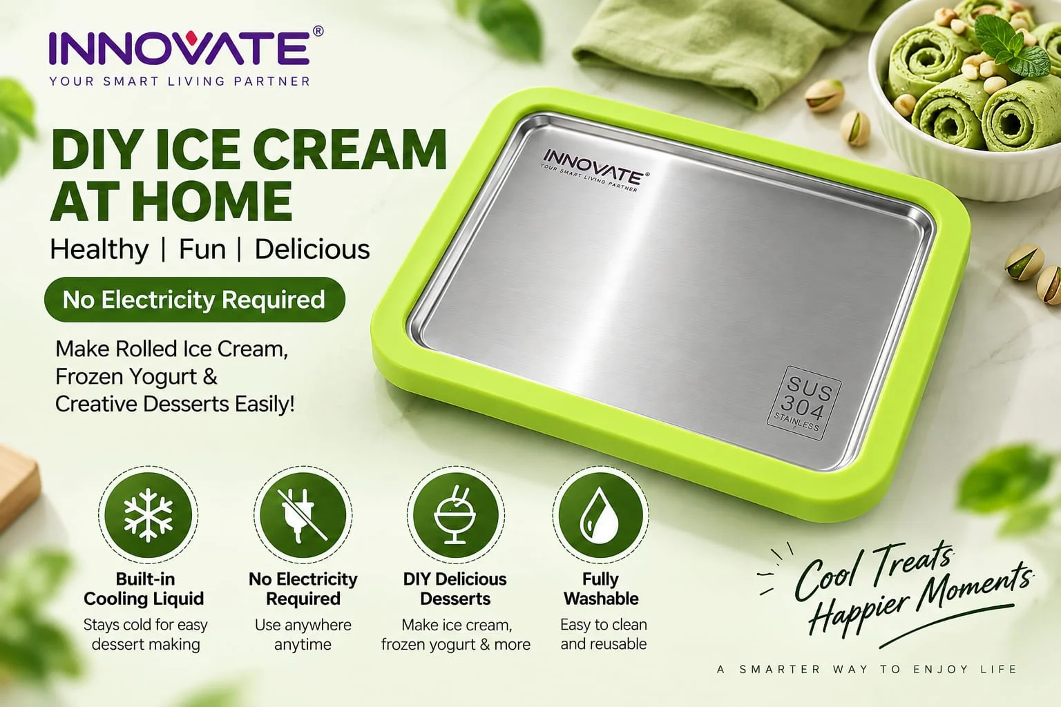 INNOVATE 304 Stainless Steel No-Electricity Rolled Ice Cream Maker