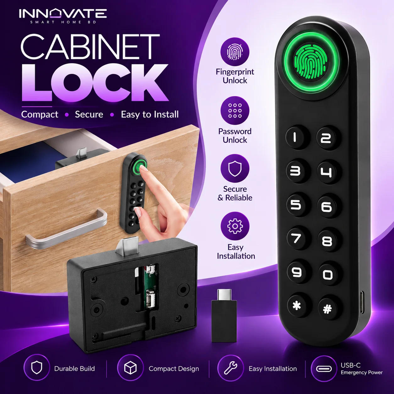 Fingerprint Cabinet Lock, Smart Cabinet Locks,  Password Drawer Lock with USBKEY Suitable for Office Cabinet, Wardrobes, Liquor, Weapon Storages and etc-ABS Lock Case CODE: ICDL