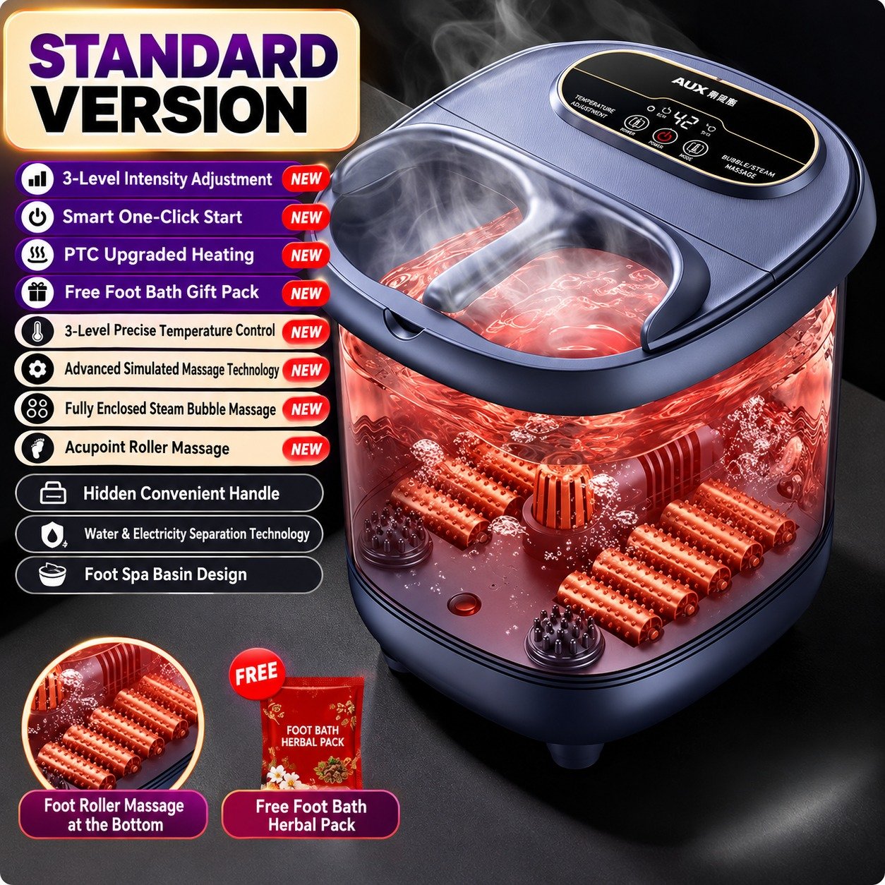 AUX Fully Automatic Electric Foot Bath Tub with Heated Massage Function