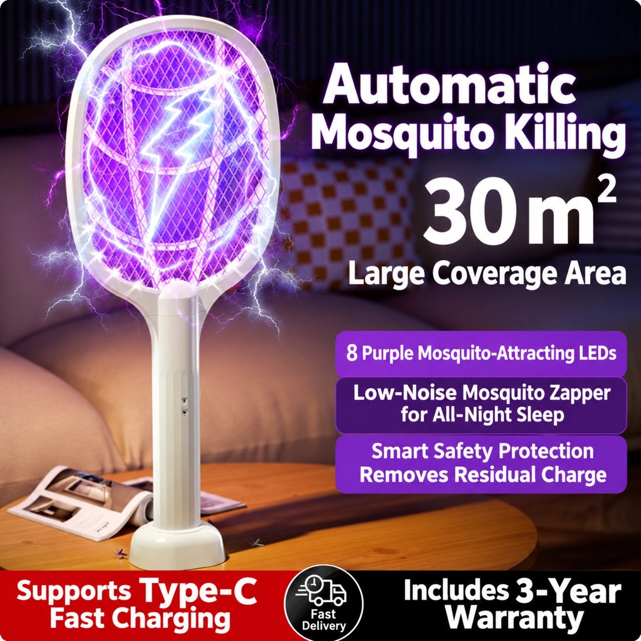 Rechargeable Electric Mosquito Swatter & 2-in-1 Mosquito Killer Lamp