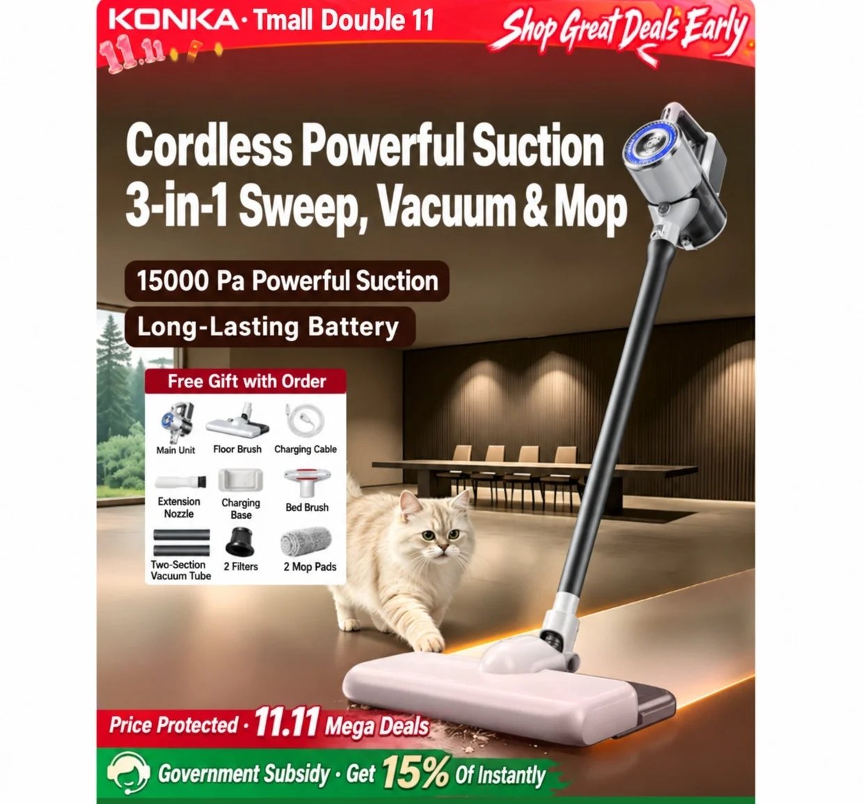 KONKA High-Power Vacuum Cleaner 15000Pa Suction | 40000 RPM Motor | 5-Layer Filtration | Multi-Angle Cleaning