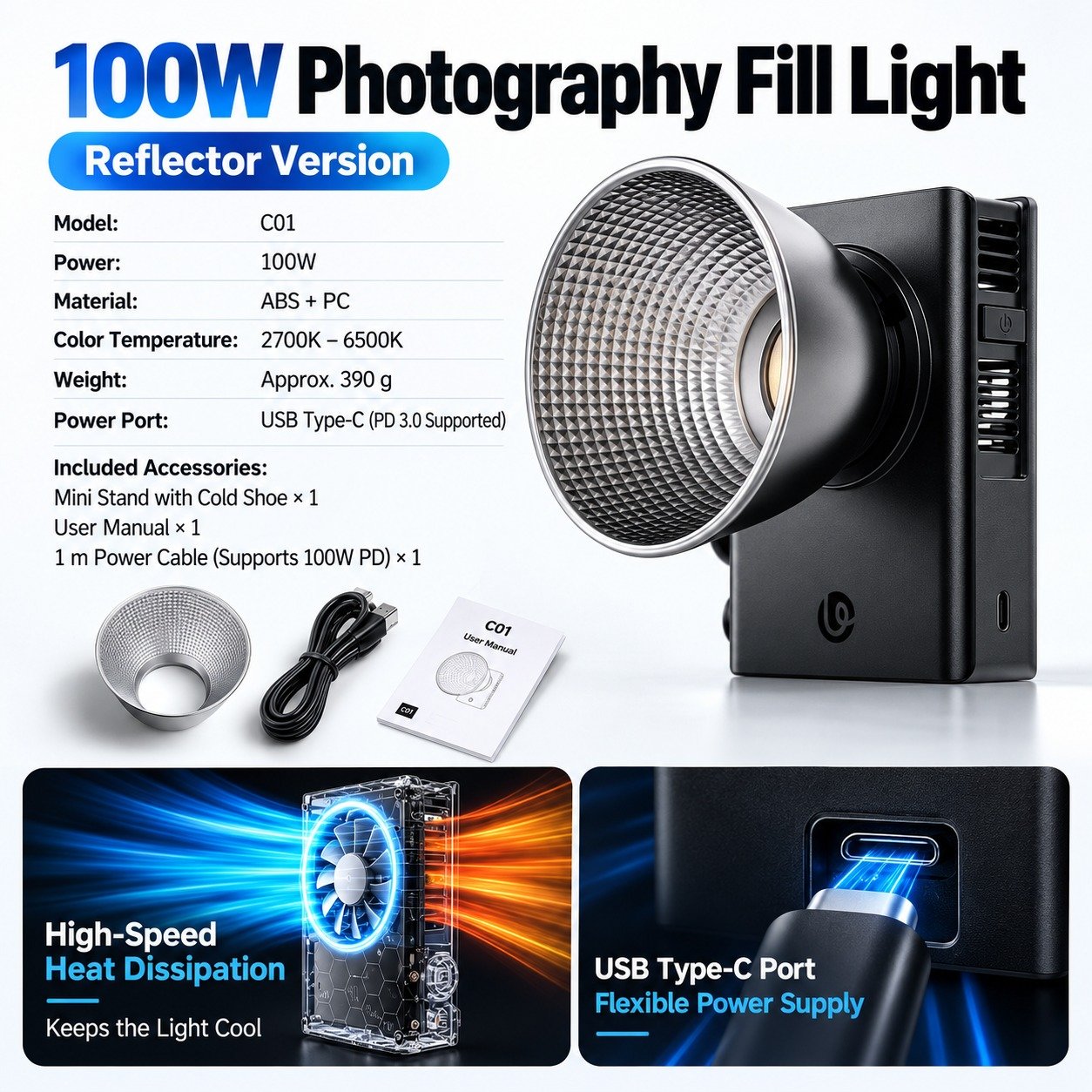 Ulanzi C01 100W COB Photography Fill Light with Reflector | Professional Video & Studio Lighting