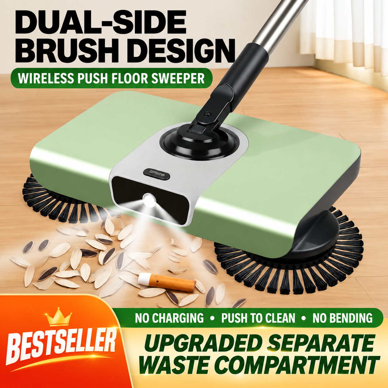 2-in-1 Manual Push Sweeper with Front LED Light – Rotating Brush Floor Cleaning Broom