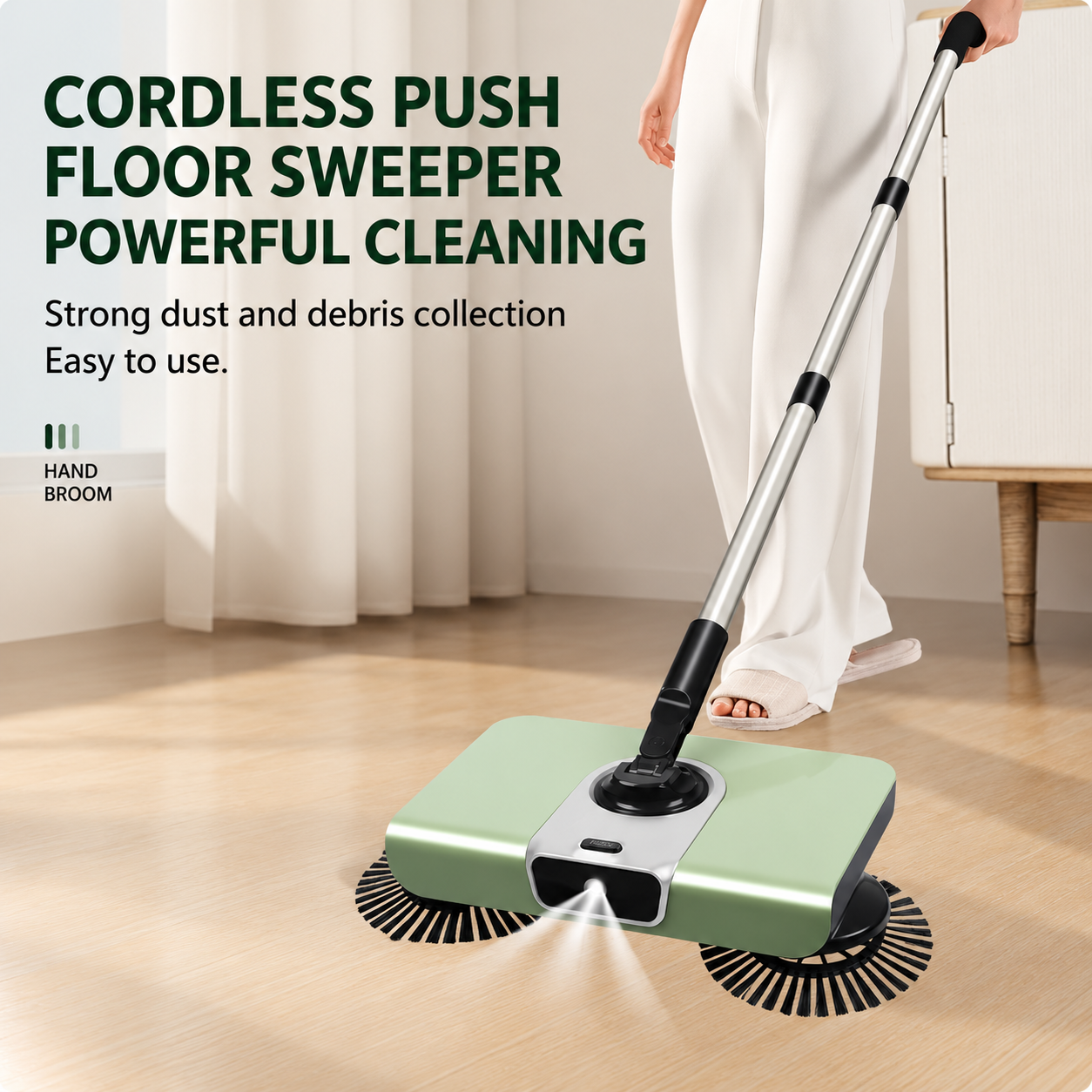 2-in-1 Manual Push Sweeper with Front LED Light – Rotating Brush Floor Cleaning Broom