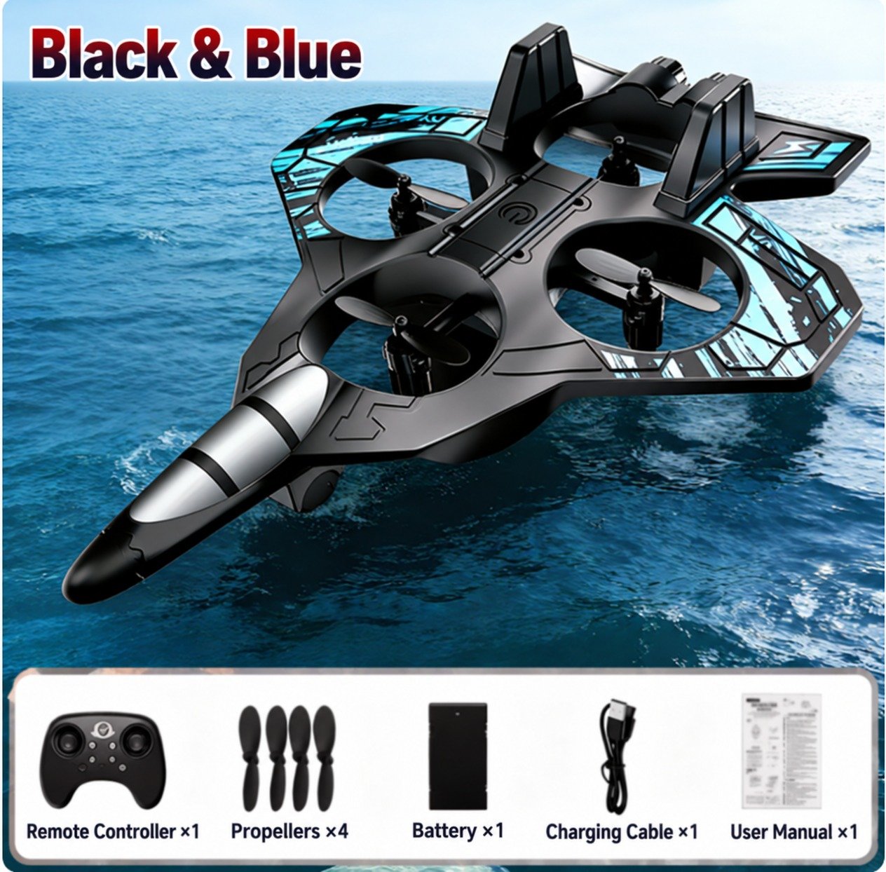 RC Flying Aircraft Drone with 4 Ducted Fans – Black & Blue Edition