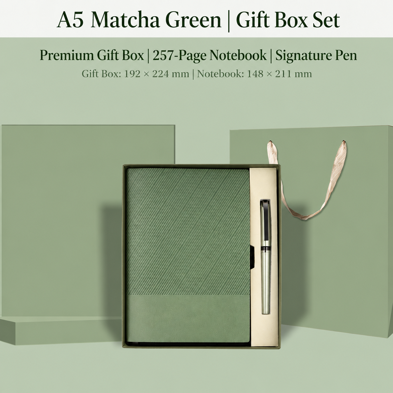 A5 Matcha Green Gift Box Set with 257-Page Notebook & Signature Pen