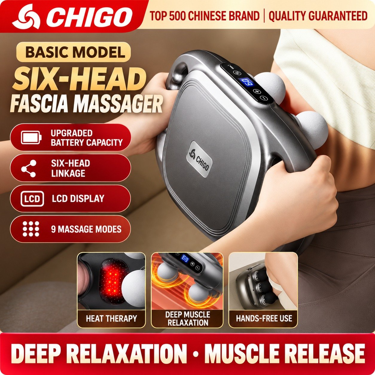 Zhigao 6-Head Rechargeable Fascia Massage Gun for Neck, Shoulder, Back & Waist Muscle Relaxation