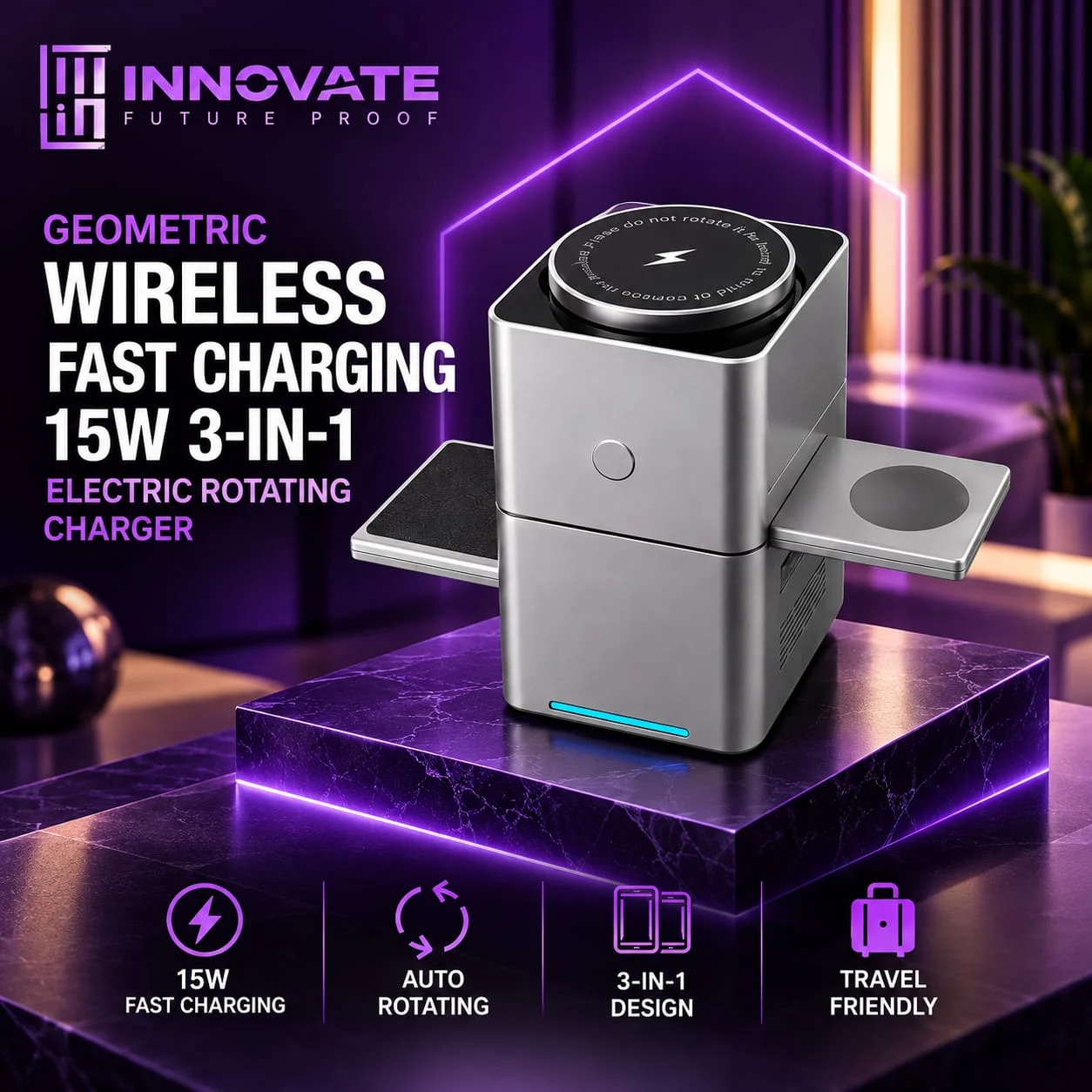 Geometric Wireless Fast Charging 15W 3-in-1 Electric Rotating Charger Code : W030