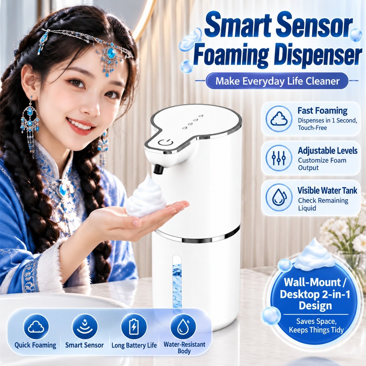 Smart Automatic Sensor Foam Soap Dispenser – Touchless Rechargeable Wall-Mounted Hand Wash Dispenser