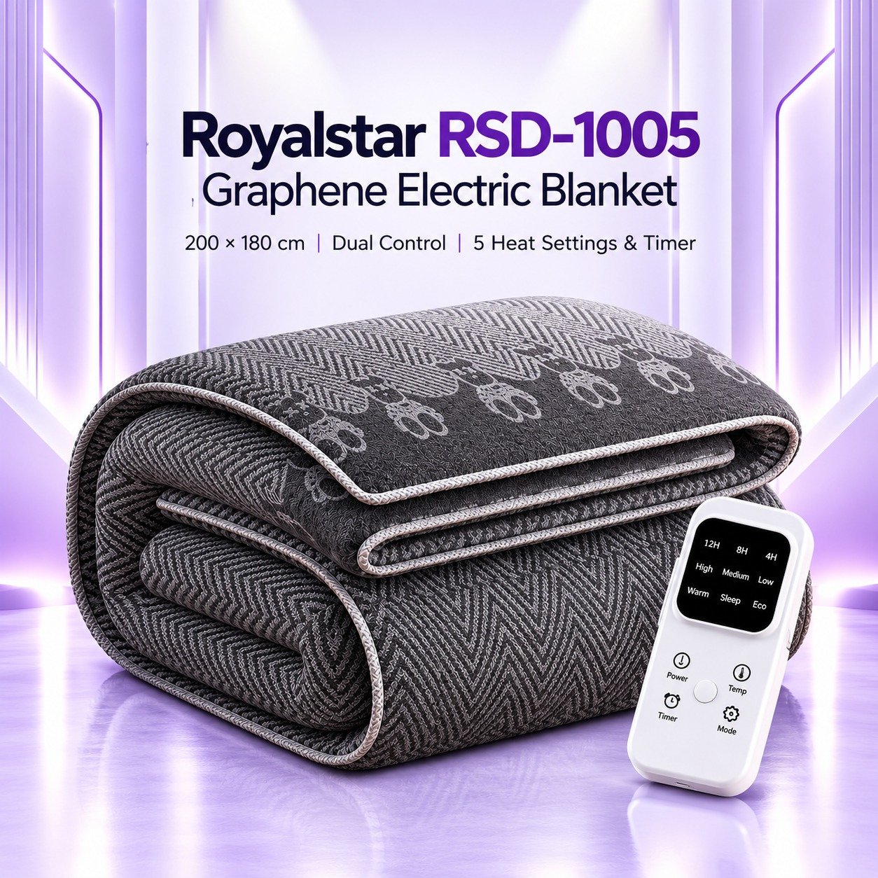 Royalstar RSD-1005 Graphene Electric Blanket 200×180cm | Dual Control Double Bed Heated Blanket with 5 Heat Settings & Timer