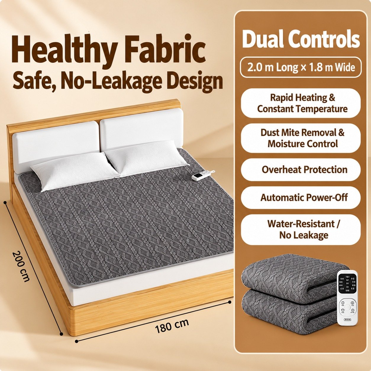 Royalstar RSD-1005 Graphene Electric Blanket 200×180cm | Dual Control Double Bed Heated Blanket with 5 Heat Settings & Timer