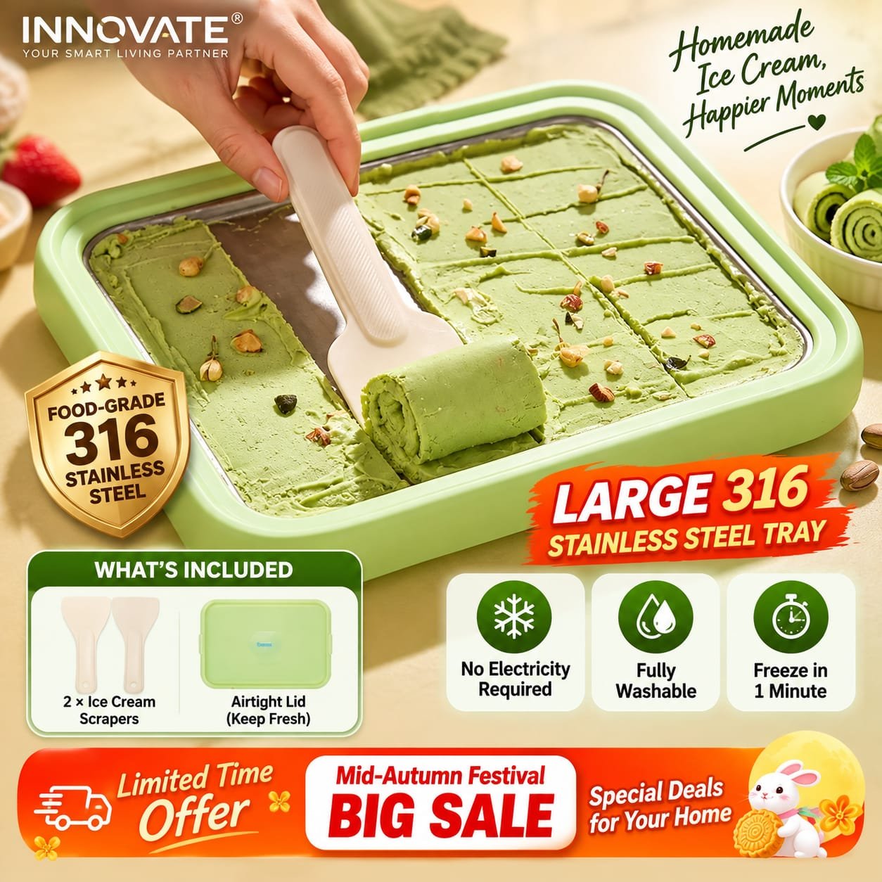 INNOVATE 304 Stainless Steel No-Electricity Rolled Ice Cream Maker